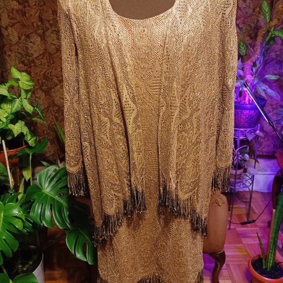 Metallic Crochet Gold & Black Dress with Jacket,  Sz 16 - Picture 1 of 12
